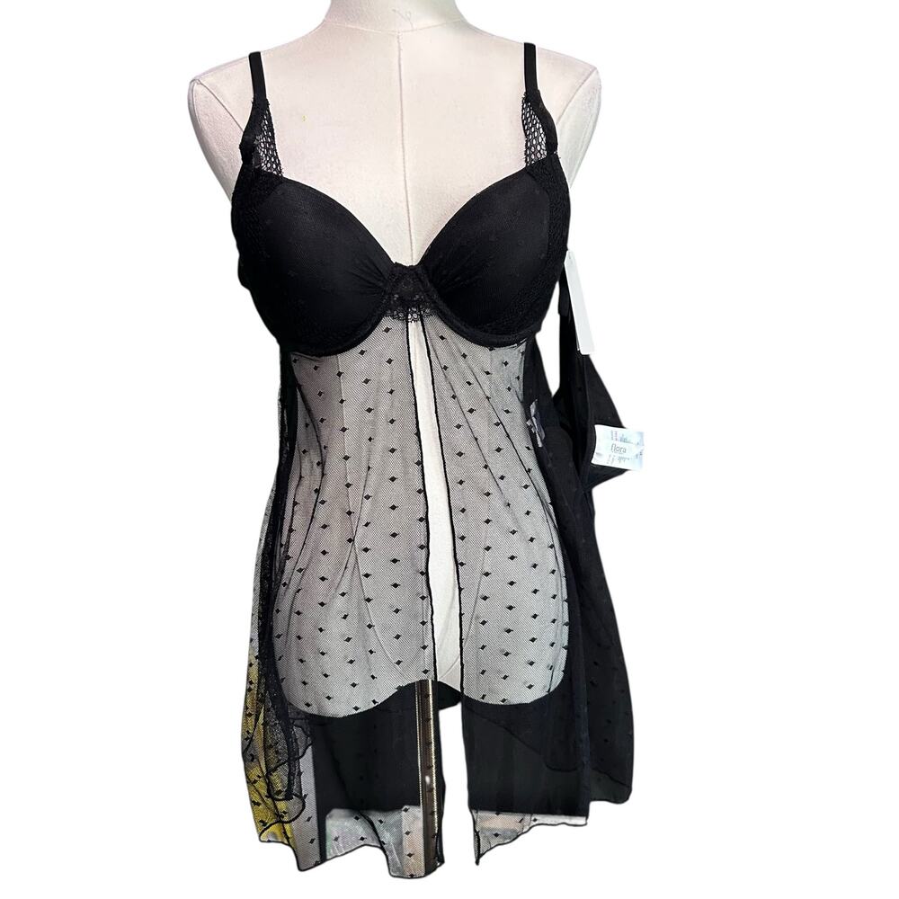 Flora Baby Doll Set NWT Lingerie Goth Romantic Black Mesh Lace Bra SZ Med